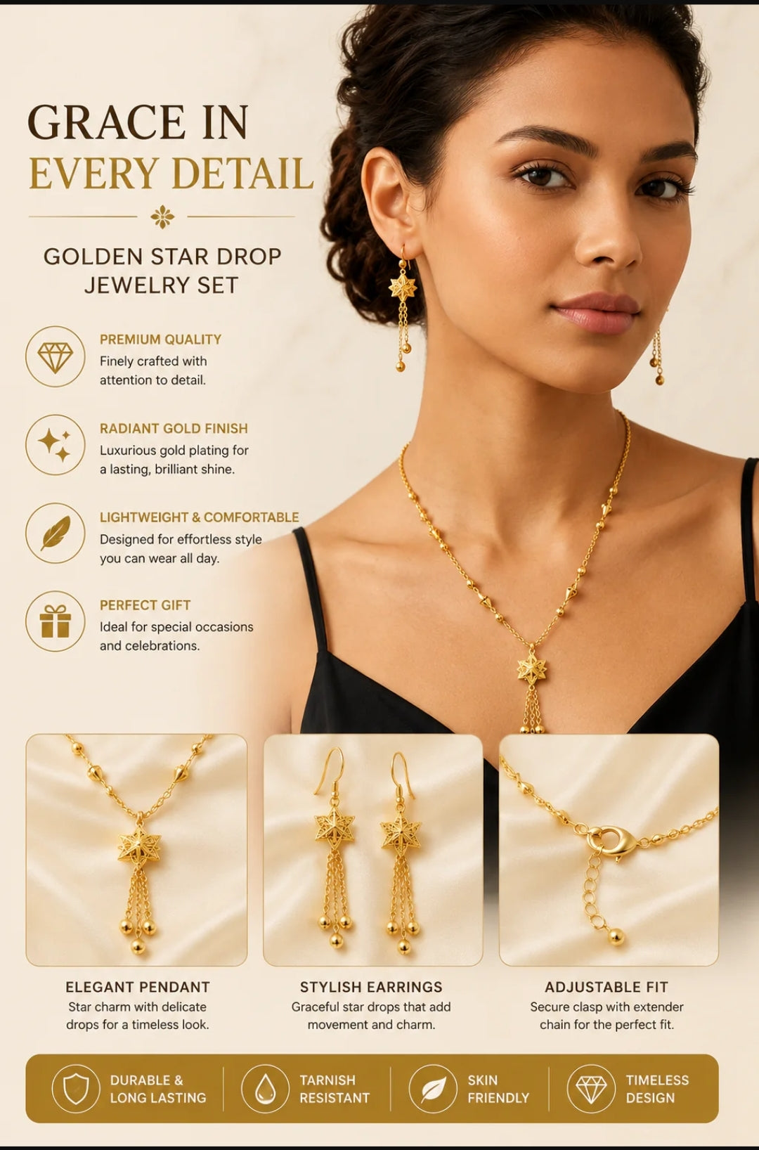 Elegant Star Tassel Necklace & Earring Set – Gold-Tone Jewelry for Women